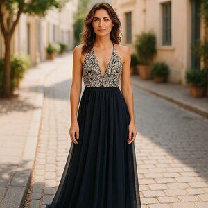 LUXXEL Black with Gold Accent Floral Long Dress Gown Size Medium